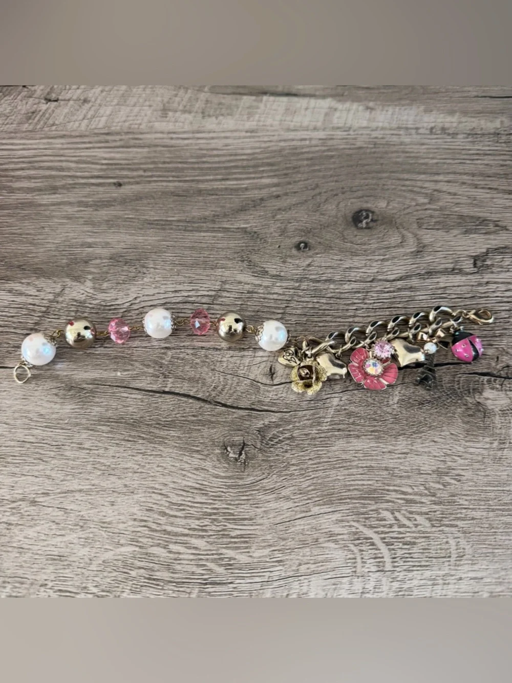 BETSEY JOHNSON Paris Charm Bracelet Pink Lady Bug Rose Heart Gold Enamel Rare